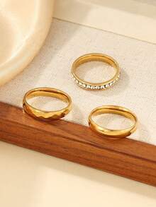 3pcs Stainless Steel Fashion Minimalist Golden Rings, Inlaid With White Rhinestones, Suitable For Women's Daily Wear Or As Gifts - Yellow Gold - View 3