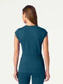 V-Neck Short Sleeve Top, Women's Fashionable Commuter Workwear For Beauty Salons, Comfortable Casual Blouse - Teal Blue - View 2