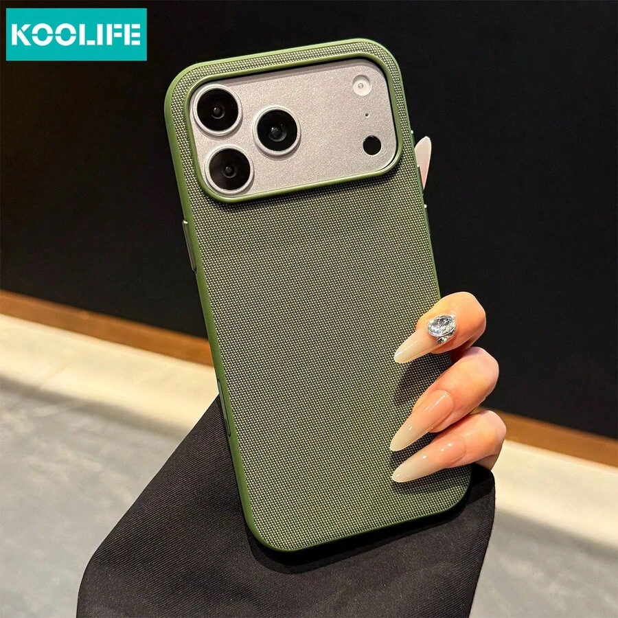Koolife 1pc Green Tech Fabric Woven Texture Phone Case, Metal Independent Buttons And Camera Buttons, Minimalist Business PC+TPU Protective Shell, For IPhone 18 Pro/18 Pro Max/17/17 Pro/17 Pro Max/16/15, Scratch-Resistant And Anti-Drop, Suitable For Daily Business Use