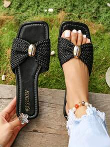 New Summer French Style Square Toe Slides For Women, Fashionable Fairy Style Flat Sandals, Versatile Outdoor Wear Slippers, Lightweight Comfortable Open Toe Slip-On Slides Perfect For Beach - Multiple Styles - View 5