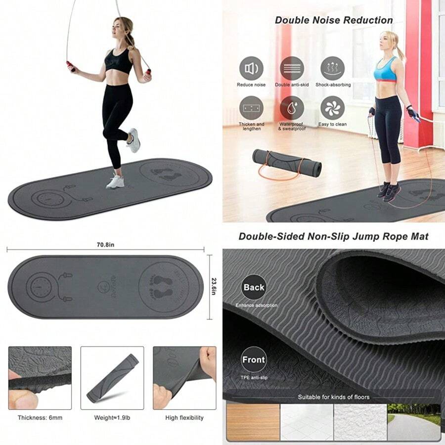 Jump Rope Mat 71''/63''x24'' Larger Non-Slip Indoor Outdoor Exercise Fitness Mat Crossrope Jump Rope Pad High-Density Workout Shock Absorption Jump Mat for Home Gym Flooring Concrete Jumping Rope - 71x24 Gris - Ver 1