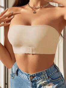 2pcs/Set Front Closure Solid Color Strapless Bandeau Bra With Upgraded Non-Slip Silicone Strips, Comfortable Soft Cup Wireless Bra, Lingerie For Women (Black+Apricot) - Multicolor - View 4