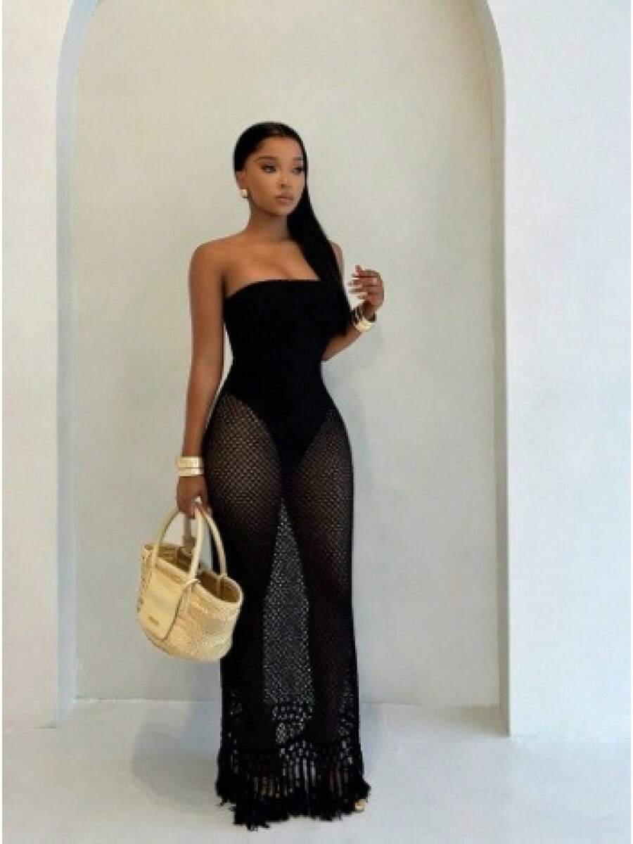 Summer Vacation Style Women's Strapless Hollow-Out Sexy Knitted Unique Dress - 黑色 - 查看 1