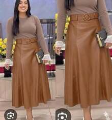 High-Waisted A-Line Midi Skirt – Elegant In Faux Leather, Stylish, Casual, Cute, Party, PU Leather, Side Zipper, Evening, Office, Wedding, Dating, Stage And Concert, Autumn And Winter - 摩卡棕 - 查看 5