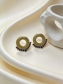 1 Pair Minimalist Gold Tone Circle Earrings, Versatile Blue Enamel Beaded Jewelry For Women, Great Mother's Day Gift For Office, Casual & Family Gathering - Multicolor - View 7
