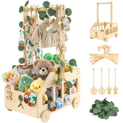 Wooden Baby Hamper Basket With Wheels & Handles, Baby Shower Gift Crate With Hanging Rail