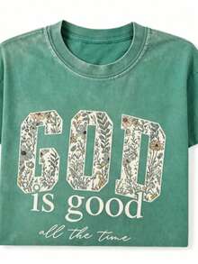 Women's God Is Good Floral Graphic T-Shirt, Retro Christian Faith Tee, Casual Crewneck Short Sleeve, Vintage Washed Cotton Top - 愛爾蘭綠 - 查看 12
