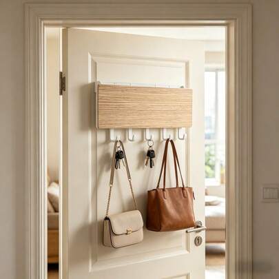 1pc Wooden Wall Mounted Storage Box With Hooks, Remote Control Organizer, Entryway Key Holder