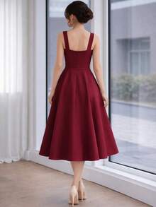 Women's Midi Dress With Square Neckline And Defined Waist | Elegant Midi Dress | Tailored Style | Defined Waist | Perfect Mother's Day Gift - 酒紅色 - 查看 2