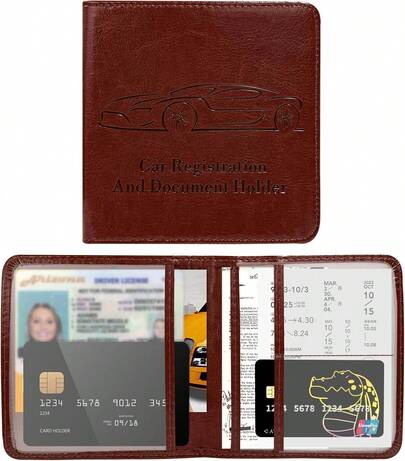 Premium Leather Car Document Organizer - Glove Box License Holder With Magnetic Closure, Vehicle Registration & Insurance Wallet Case For Men & Women (Brown)