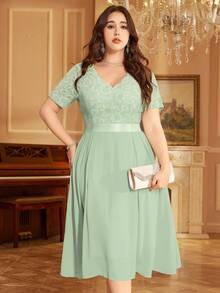 V-Neck Ruffle Lace Printed Chiffon A-Line Swing Dress, Summer Casual Dress Suitable For Birthday, Graduation, Back To School Occasions - Mint Green - View 3