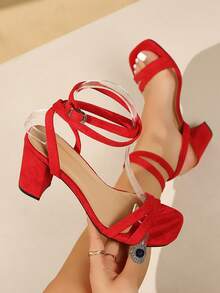 New Elegant Fashion Versatile High Heel Sandals, Comfortable Sexy Active Party Round Toe Black And Red Suede Strap High Heel Sandals, Spring/Summer - Red - View 2