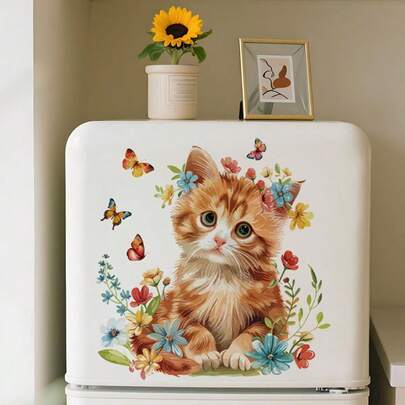 Watercolor Cute Cat & Kitten Flower Butterfly Wall Stickers Decor, Wall Art Peel And Stick Wallpaper, Home Decor, House Decor, Room Decor, Bedroom Decor, Kitchen Decor, Bathroom Decor, Wall Decor Stickers, Wall Art For Living Room, Wall Stickers Decor, Baby Nursery Decor, Kids Room Decor, Kids Bedroom