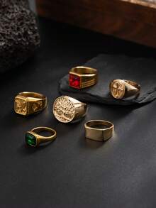 6pcs Vintage Gold Stamp Rings, Men's Punk Style Colorful Stacking Rings, Hip Hop Personalized Accessories - Gold - View 5