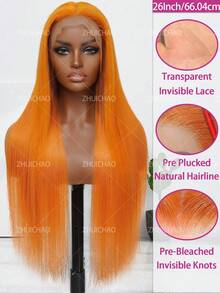 ZHUICHAO 13x4 高清透明蕾丝前额自由分缝直发巴西发假发 200% 高密度自然发际线预拔婴儿发，漂白发结 #350 姜橙色人发混纺合成假发，适合女性日常或派对佩戴 - S350 - 查看 2