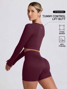 VVX Women's Seamless Sports Yoga Set Long-Sleeved Shorts Thumbholes Slim High-Waist Tummy Control Sports Set - 茄紫色 - 查看 2