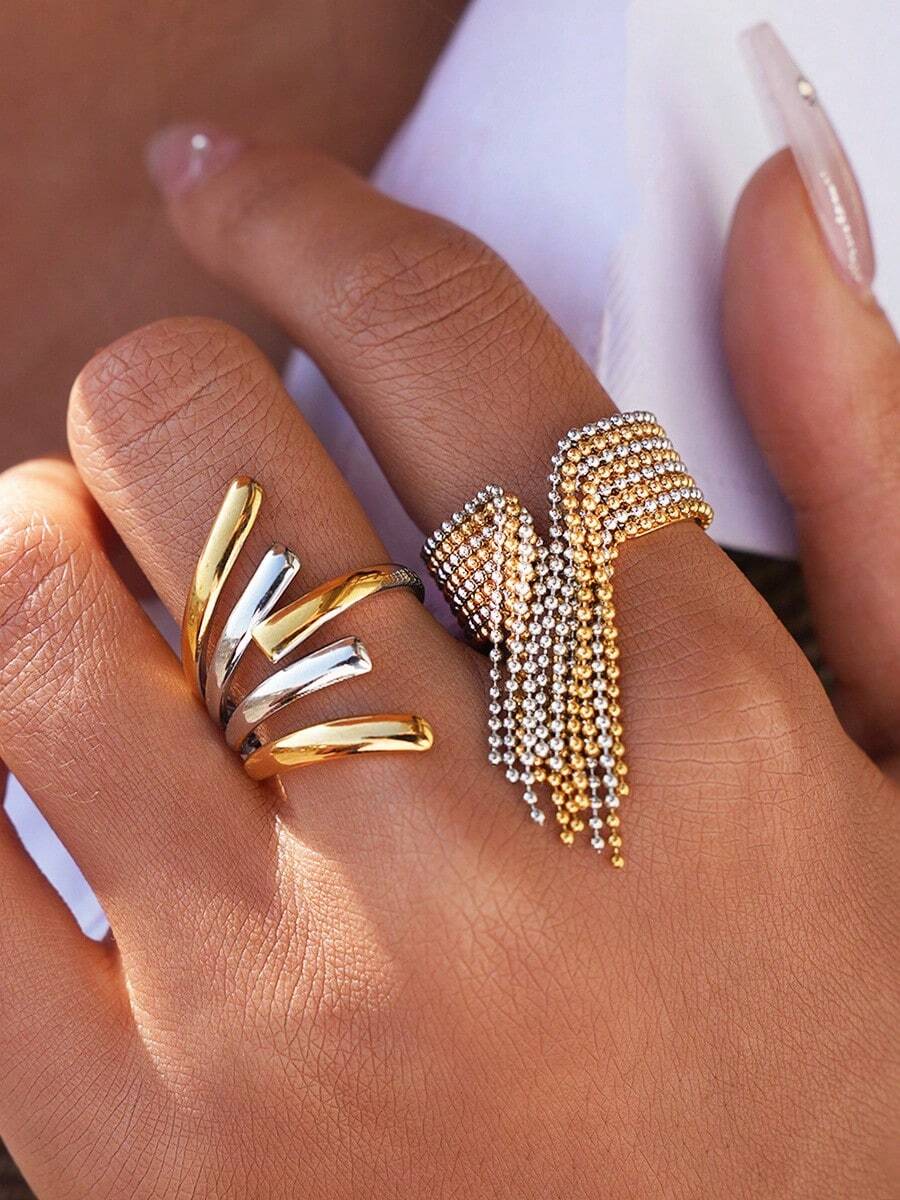 1 pieza Anillo de acero inoxidable de dos tonos, anillo con borla, anillo rayado, anillo abierto personalizado para mujer, resistente al agua y a la decoloración, adecuado para uso diario - Anillo abierto - Ver 1
