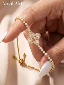 1 pieza Elegante pulsera de tenis ajustable con flor de rombo, pulsera de cadena de plata de ley 925, regalo de joyería para hermanas y amigas - Pulsera de flores de diamantes/diamante blanco - Ver 1