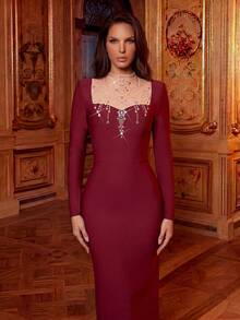 性感圆领单肩袖镂空系带褶皱紧身迷你连衣裙 - 酒紅色 - 查看 3