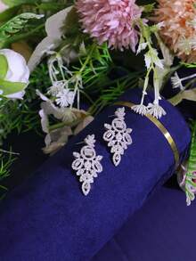 1 Pair Luxury Cubic Zirconia White Gold Plated Tassel Earrings, Elegant Jewelry Gift For Women, Suitable For Dates, Weddings, Parties, Anniversaries, Comes With Gift Box - White - View 6