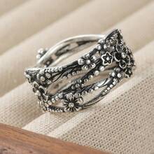 Vintage Boho geschnitzter Blumen- und Blattranken-Ringmit geflochtenem Muster, haltbarer Schmuck als Geschenk für Frauen zu Jahrestag, Geburtstag oder besonderen Anlässen - Antiksilber - Übersicht 5