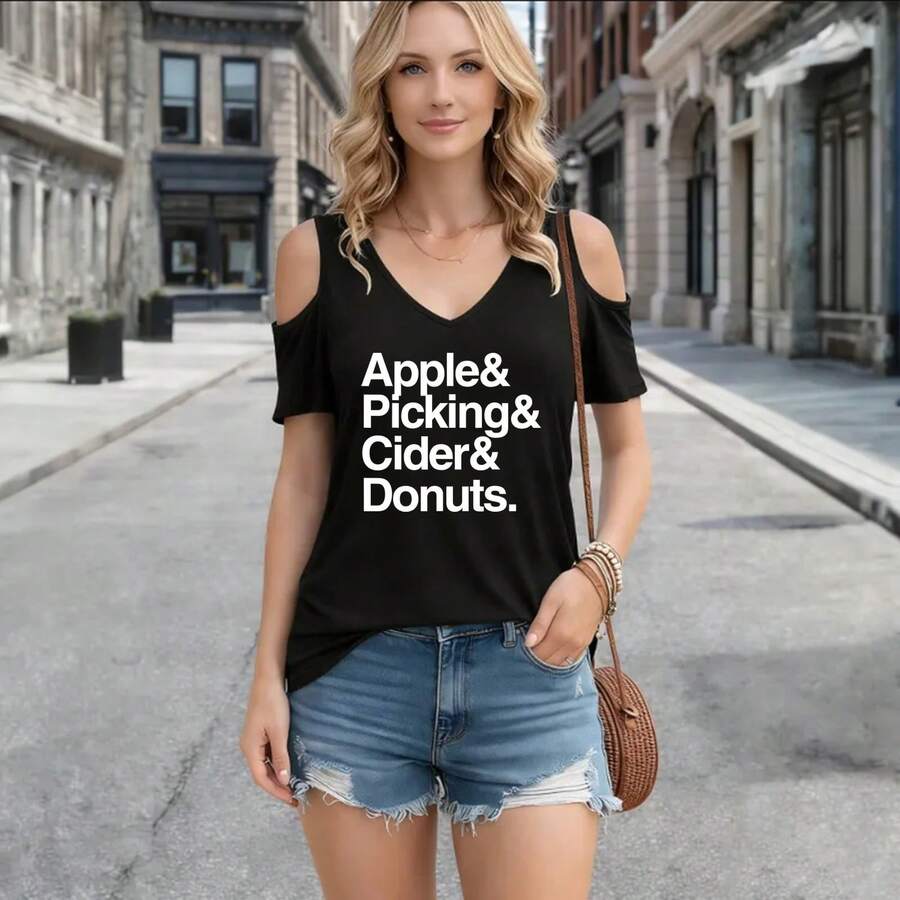 Apple Picking And Cider Donuts T-ShirtWomen's T-Shirt Women's Off Shoulder V-Neck T-Shirt Short Sleeve Long Sleeve Soft Stretch Ribbed Knit Cotton Blend Breathable Lightweight Solid Striped Floral Print Casual Sexy Chic Cold Shoulder Cutout Drapey Loose Fit Slim Fit S-3XL Spring Summer Fall Layering Essential Dressy Date Night Party Beach Vacation Mom Life Mother's Day Gift Birthday Present Anniversary Family Matching Daily Wear Office Weekend Travel Essential - 黑色 - 查看 1