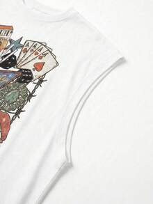 Áo tank top nam in hình chai rượu whisky và bài poker phong cách retro Las Vegas, kiểu dáng thường ngày mùa hè, phong cách đường phố, họa tiết vintage, dây đeo rộng, màu đen. - trắng - Xem 6