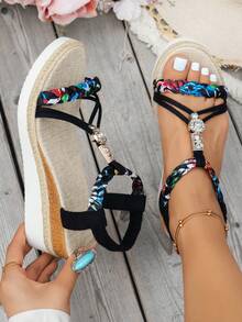 WRCVS Sandals, Woven Strap Sandals, Summer Platform Thick Bottom Sandals, Handmade Beaded Woven, Random Pattern, Lightweight Vacation Sandals, Bohemian Style Wedge Shoes, Outdoor Sandals,Beach Shoes - Black - View 6