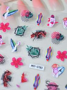1pc Colorful Surfboard, Floral, Nail Sticker With Geometric Patterns And Leaf Design, 3D Nail Art Sticker, Suitable For Gatherings With Friends, Vivid Pattern, Easy To Apply And Durable - Multicolor - View 5