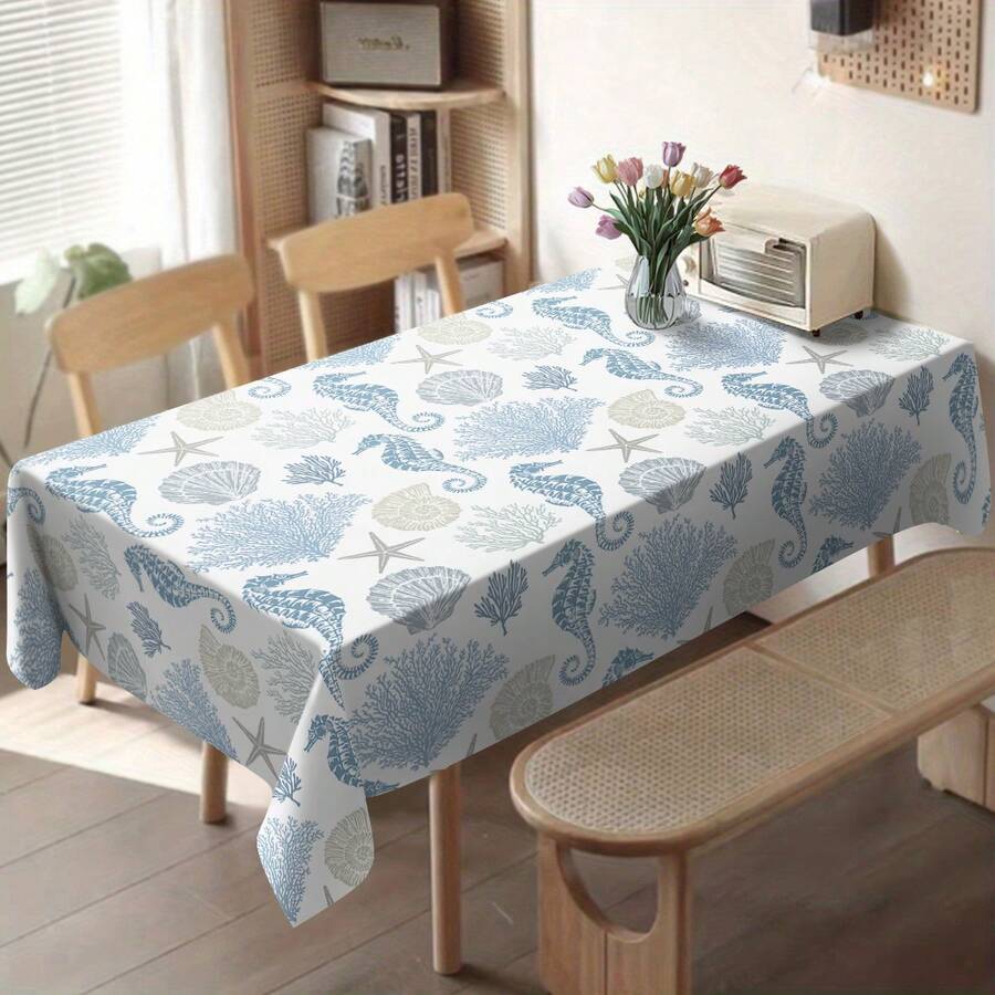 1pc Ocean Style Shell & Coral Pattern Rectangular Tablecloth, Waterproof, Oil-Proof, Suitable For Home Kitchen Dining Room Decor - Baby Blue - View 1