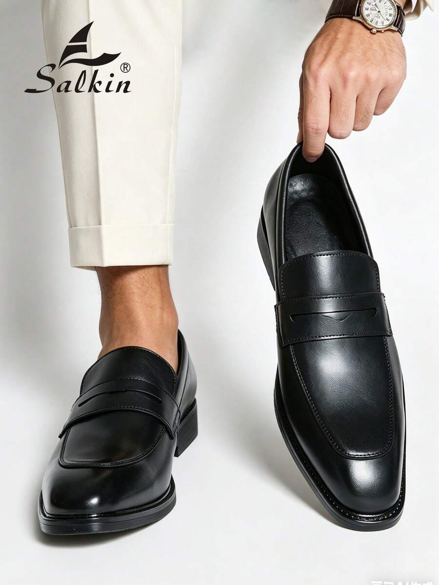 Salkin 男士时尚一脚蹬便士乐福鞋，绅士真皮正装鞋，方头商务办公正装鞋，现代生活平价奢华之选。经典英伦风格，柔软舒适的真皮鞋面，防滑耐磨鞋底，适合搭配西装、毕业典礼、婚礼、派对、日常休闲穿着。尺码齐全，包括加大码。