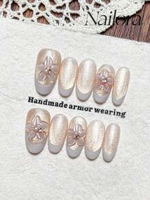 10pcs Handmade Nails Oval Nails Acrylic Press On Nails Medium Nails, Gentle Champagne Nails, Flashy Cateye, White French Tip Nails, Handpainted 3D Carved Flower, Nail Gems Pearl Inlaid, Simple Elegant Luxury Spring Nails, Homemade Press On Nails, Versatile Nails DIY False Nail Art Party Daily & Dating Suitable Use In Work Setting Reusable, For Women & Girls As Gift Nail Supplies - Multicolor - View 2