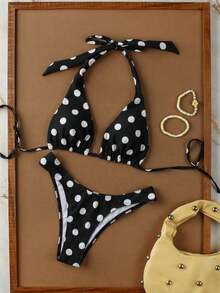 New Spring/Summer Women's Black & White Polka Dot Print Halter Tie Sexy Fashion Casual Elegant Beach Resort Date Bikini Swimwear Set Vacation - Black and White - View 4