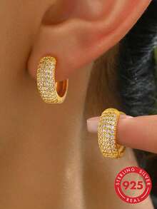 1 Pair Exquisite S925 Sterling Silver Cubic Zirconia Big, Medium, Small, Semi-Circle Full Diamond Earrings, Elegant Jewelry Gift For Women - Half Circle Full Drill - View 2