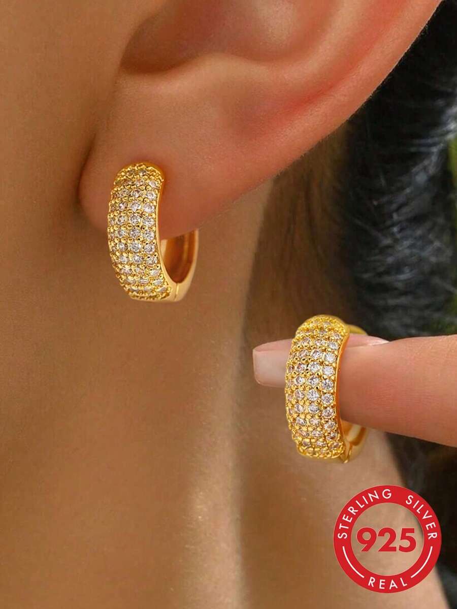 1 Pair Exquisite S925 Sterling Silver Cubic Zirconia Big, Medium, Small, Semi-Circle Full Diamond Earrings, Elegant Jewelry Gift For Women