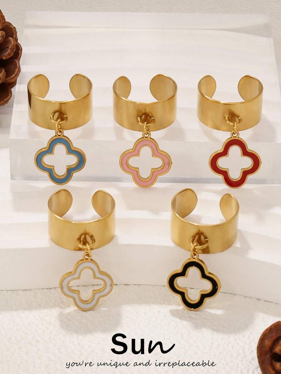 1pc Stainless Steel Enamel Four Leaf Clover Pendant Open Rings Fashion Flower Charms Ring For Women Jewelry - Ring - View 1