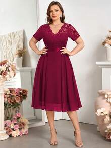 V-Neck Ruffle Lace Printed Chiffon A-Line Swing Dress, Summer Dress Suitable For Birthday, Graduation, Back To School And Other Occasions Red - Red - View 10