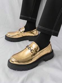 European And American Style Shiny Gold Thick Sole Loafers, Men's Buckle Slip-On Silver Elevator Shoes, Cross-Border Popular Item - Gold - View 2