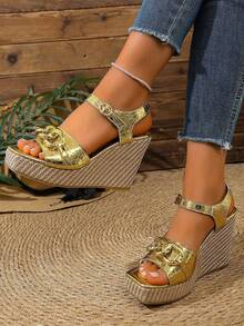European And American Style Thick Bottom Wedge Sandals For Women, Leopard Print & Solid Black Hollow Buckle High-Top Open Toe Super High Heel Shoes - Gold - View 5