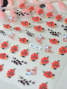 1pc Embossed Classic Red Camellia Nail Sticker, Personalized Letter & Leaf Nail Decals, Botanical Theme, Shiny Surface, Asymmetrical Shape, Suitable For Women Manicure, Pedicure, Holiday Decoration - Multicolor - View 6