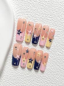 10Pcs Sweet And Edgy Style Handmade Nail Art Set,Unghie Press On,Diamonds, Silver Beads,Star,Yellow, Pink And Blue Nail Polish,Includes Nail Tools,3 Sizes Available,Almond Nails , Duck Nails,Coffin Nails For Party, Dance, Daily Wear - 彩色 - 查看 15