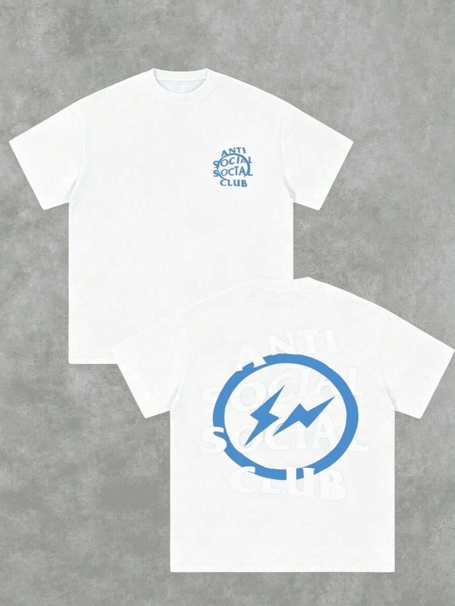 Cotton Double-Sided Printed, Anti Social Club Printed T-Shirt, Suitable For Daily Wear, Casual Summer Wear, Slightly Elastic, Breathable, Outdoor Holiday Sports, Gift T-Shirt, Holiday Gift, Perfect Gift. - 白色2 - 查看 1
