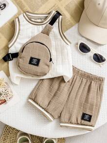 Bhchntiy Conjunto de 3 piezas para niños pequeños: chaleco de tela texturizada de unicolor con cuello de canalé, shorts y bolso bandolera casual de moda para el verano - Albaricoque - Ver 3