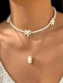 1pc Summer Beach Style Ceramic Fish, Starfish, Tassel, Pearl Beads OT Clasp Necklace, Suitable For Women As Vacation Accessory, Date, Gift - 多色 4 - 查看 5