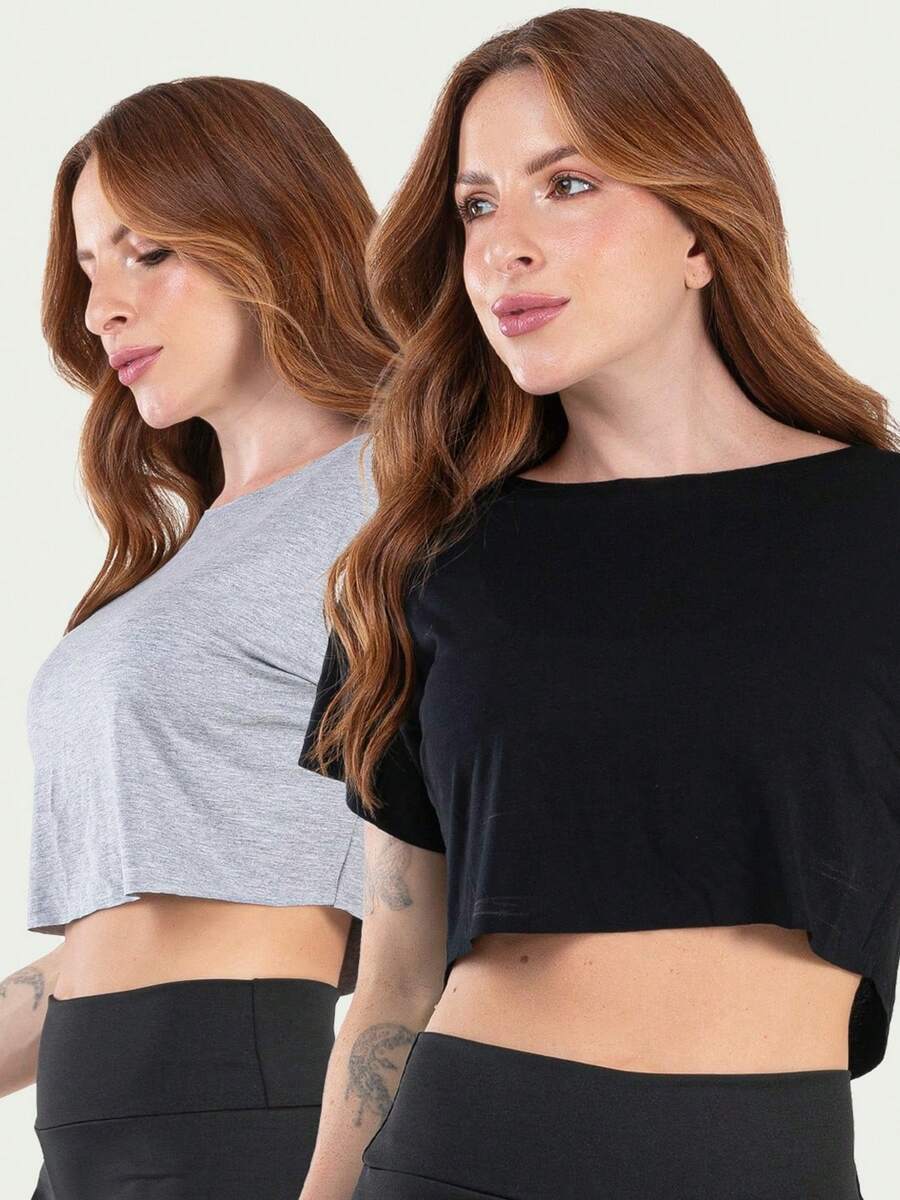 Kit 2 Cropped Feminino Fitness Academia - 淺灰色 - 查看 1