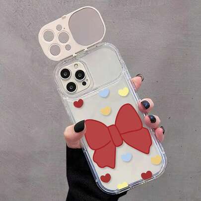 1pc Transparent TPU Heart & Bow Decor Painted Flip Cover Mirror Phone Case With Stand, Shockproof Protective Cover Compatible With IPhone 17pro/17Air /17/17promax 16/11/16pro/16plus/16promax/16e/15Promax/13/14/12/XS/XR/7G/8PXR /7/8, Painted Soft TPU Shockproof Case For IPhone 15Promax, 13, 14, 11, X, 12, 14
