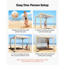 Beach Cabana, 8 X 8 Ft Beach Canopy With Side Wall, UPF 50+ Protection Easy Setup Cabana Tent With Sand Pockets, Adjustable Height Portable Shade Sun Shelter Umbrella For Family & Friends, Khaki - 8ft x 8ft, Màu kaki trơn - Xem 5