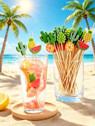 100 que xiên cocktail nhiệt đới, họa tiết xương rồng, lá Monstera và trái cây, que xiên thức ăn bằng tre dùng một lần, thanh lịch, thích hợp cho trang trí tiệc sinh nhật, lễ hội mùa hè, mùa xuân, trang trí đồ ăn thức uống theo chủ đề nhiệt đới Hawaii.