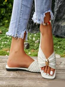 New Summer French Style Square Toe Slides For Women, Fashionable Fairy Style Flat Sandals, Versatile Outdoor Wear Slippers, Lightweight Comfortable Open Toe Slip-On Slides Perfect For Beach - Multiple Styles - View 3