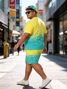 Plus Size Men's Bright Color Gradient Loose Casual Short Sleeve Shorts Set, Summer Contrast Color Funny Print Plus Size Thin Sports Suit, 2-Piece Personalized Outfit Suitable For Tall And Men, Daily And Workout Versatile Round Neck T-Shirt Set - Multicolor - View 4